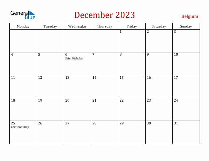 Belgium December 2023 Calendar - Monday Start