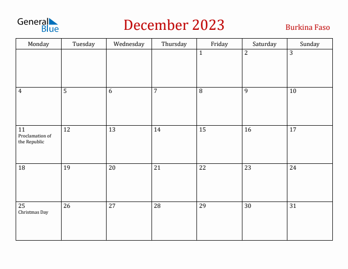Burkina Faso December 2023 Calendar - Monday Start