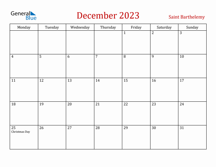 Saint Barthelemy December 2023 Calendar - Monday Start