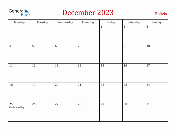 Bolivia December 2023 Calendar - Monday Start