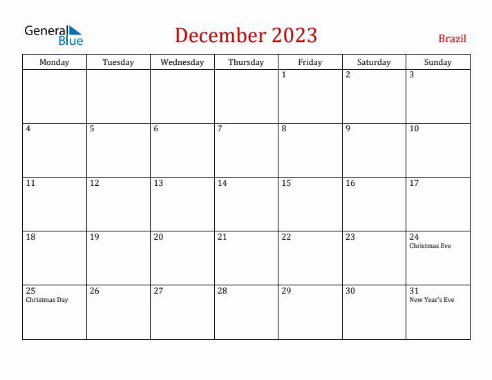 Brazil December 2023 Calendar - Monday Start