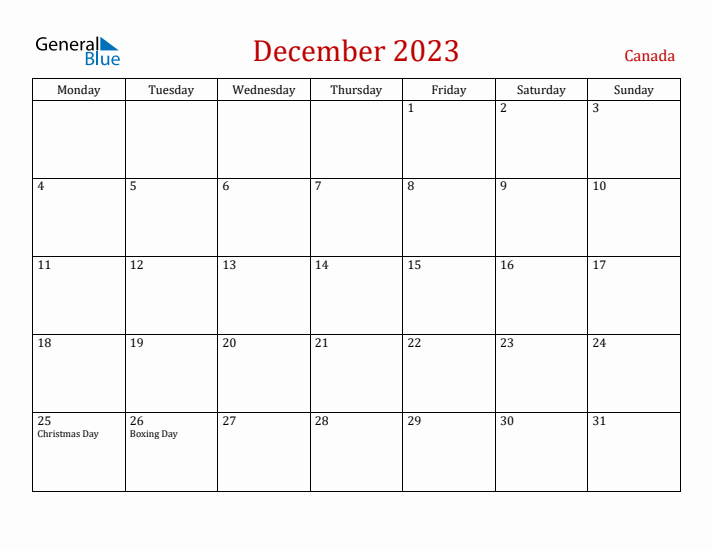Canada December 2023 Calendar - Monday Start