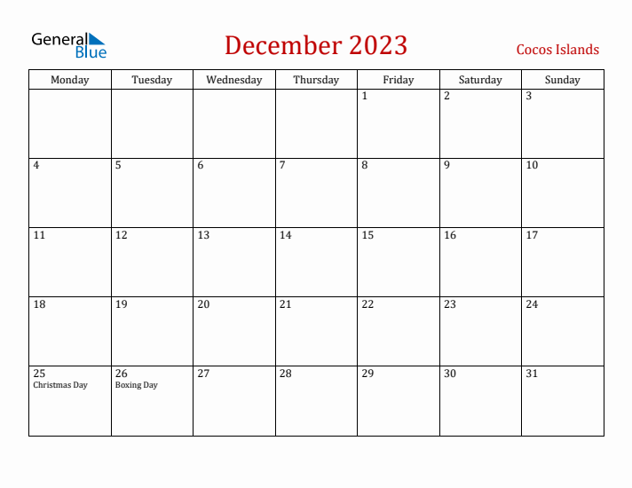Cocos Islands December 2023 Calendar - Monday Start
