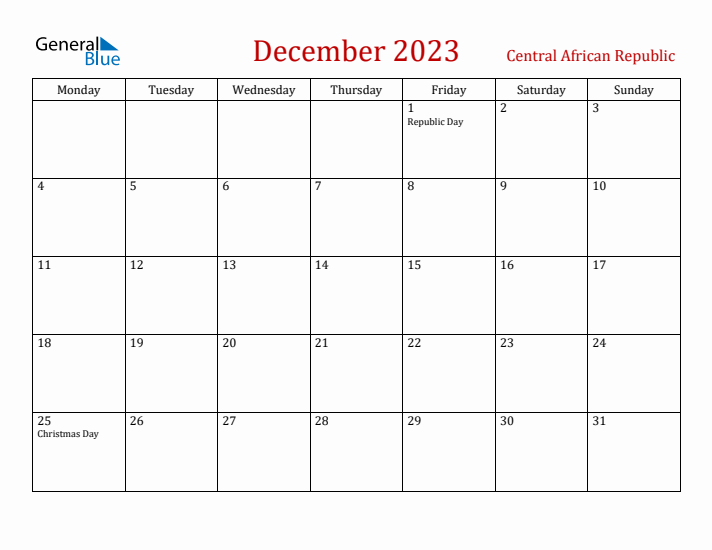Central African Republic December 2023 Calendar - Monday Start