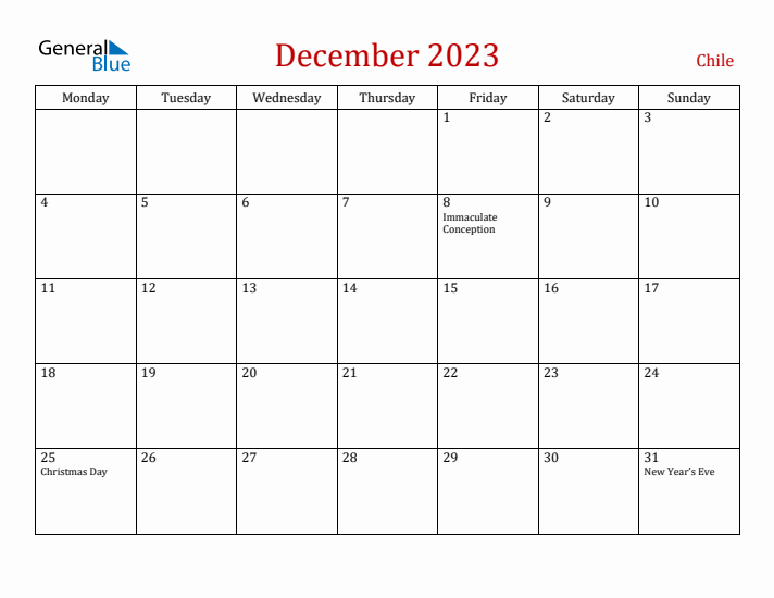 Chile December 2023 Calendar - Monday Start