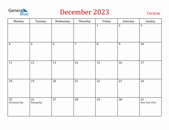 Curacao December 2023 Calendar - Monday Start