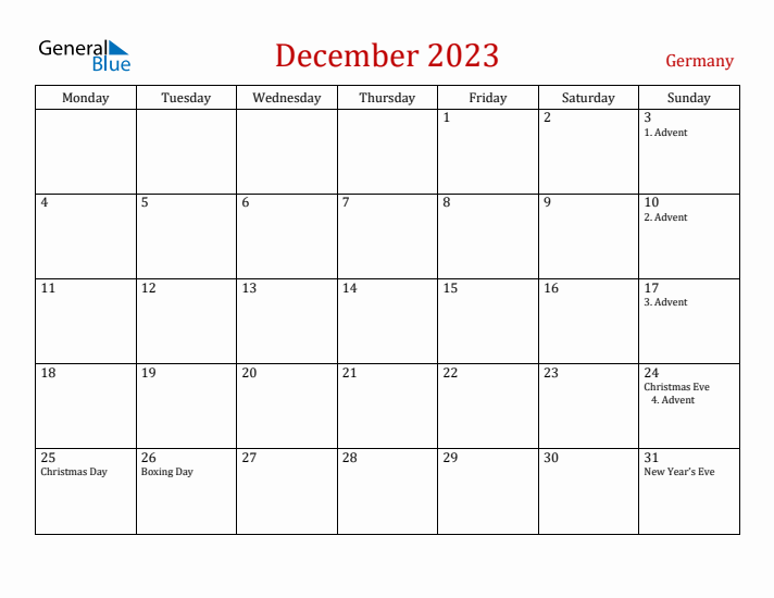Germany December 2023 Calendar - Monday Start
