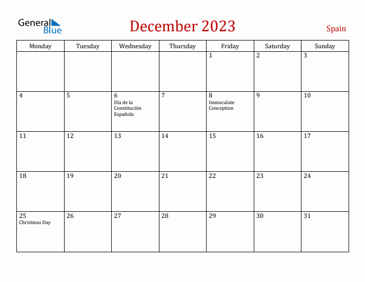 Spain December 2023 Calendar - Monday Start