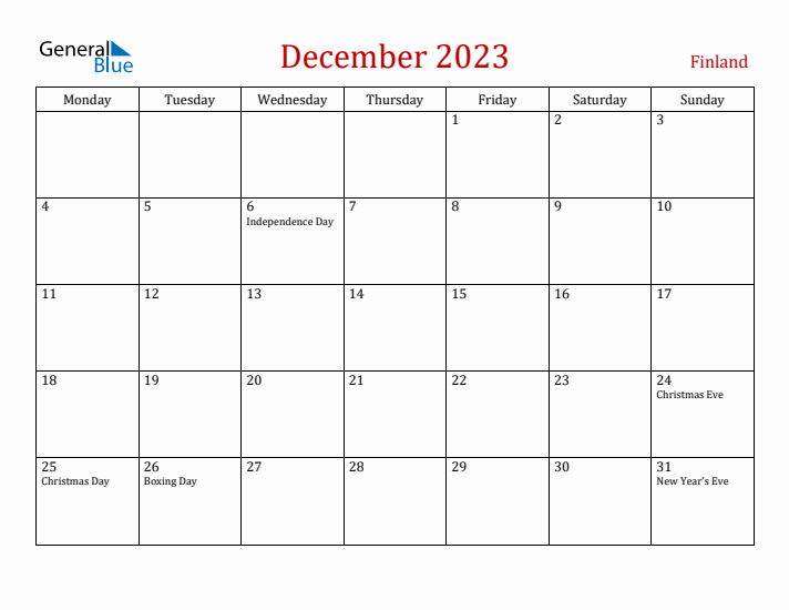 Finland December 2023 Calendar - Monday Start
