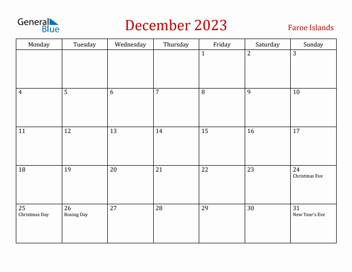 Faroe Islands December 2023 Calendar - Monday Start