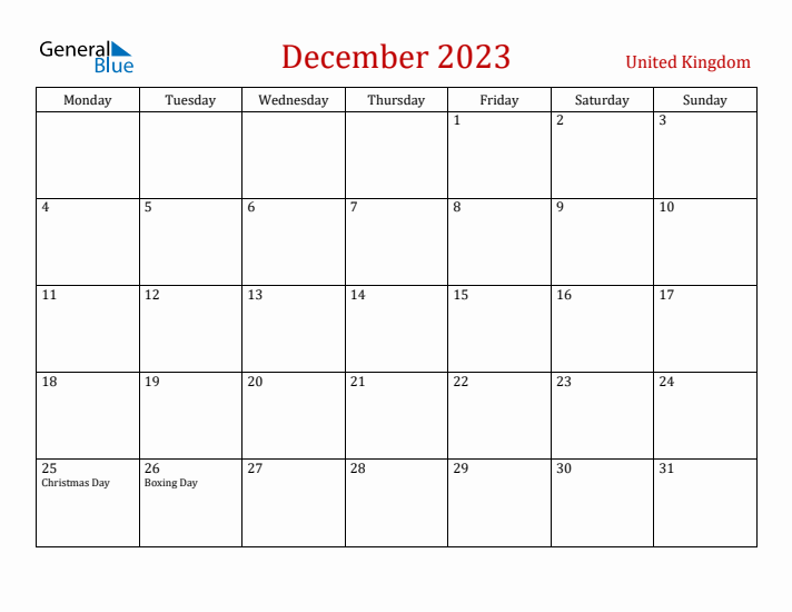 United Kingdom December 2023 Calendar - Monday Start