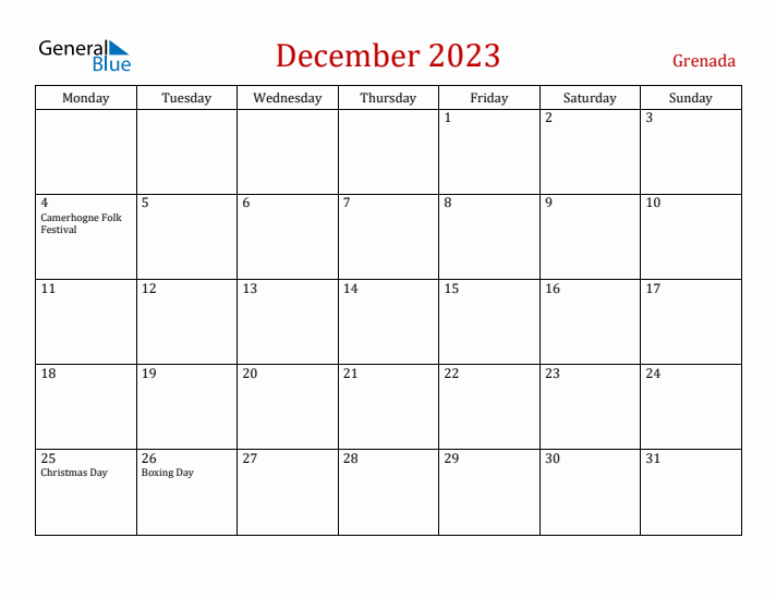Grenada December 2023 Calendar - Monday Start