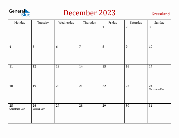 Greenland December 2023 Calendar - Monday Start