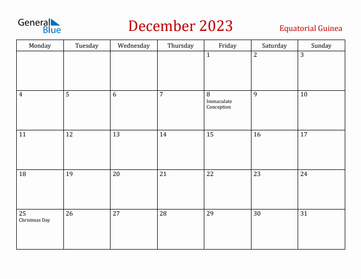 Equatorial Guinea December 2023 Calendar - Monday Start