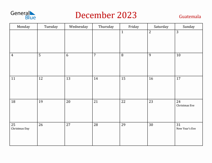 Guatemala December 2023 Calendar - Monday Start