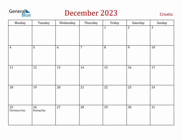 Croatia December 2023 Calendar - Monday Start