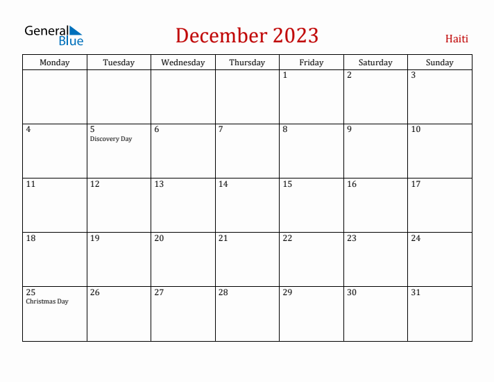 Haiti December 2023 Calendar - Monday Start