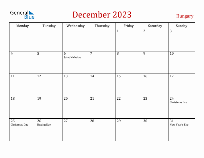 Hungary December 2023 Calendar - Monday Start