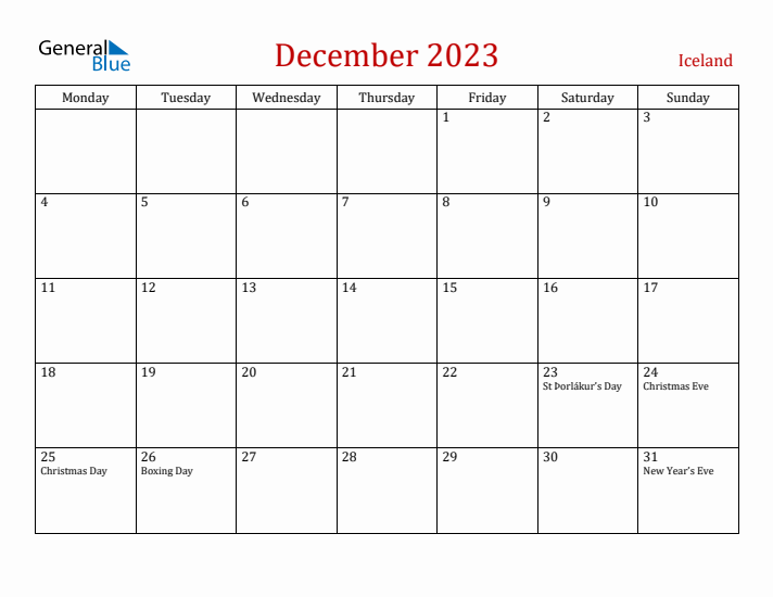 Iceland December 2023 Calendar - Monday Start