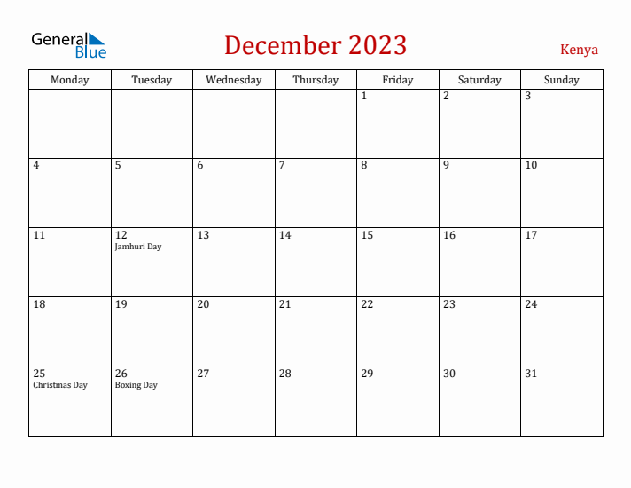 Kenya December 2023 Calendar - Monday Start