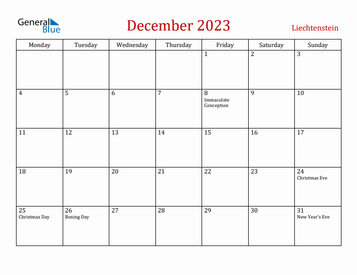 Liechtenstein December 2023 Calendar - Monday Start