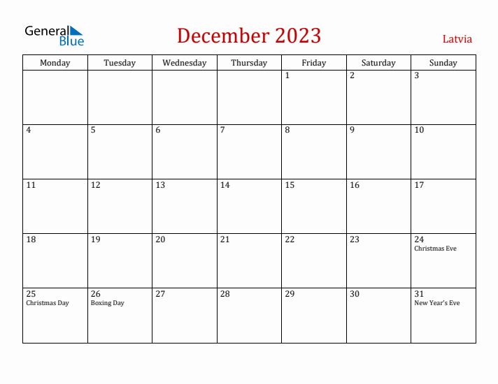 Latvia December 2023 Calendar - Monday Start