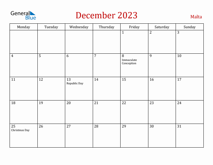 Malta December 2023 Calendar - Monday Start