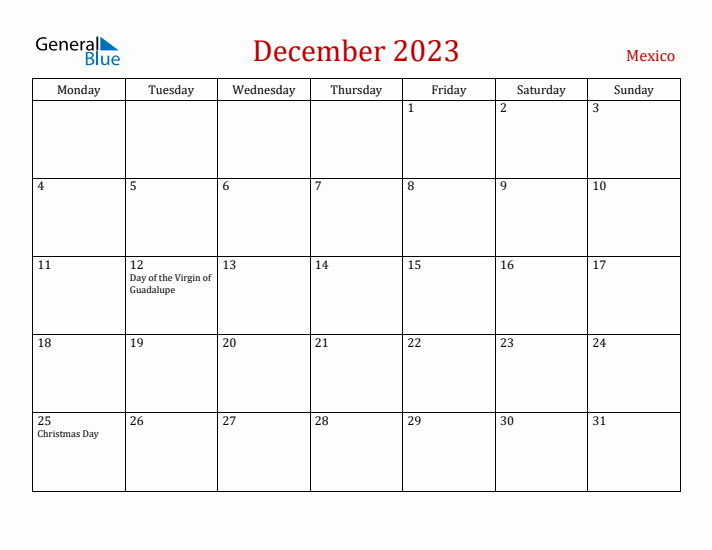 Mexico December 2023 Calendar - Monday Start