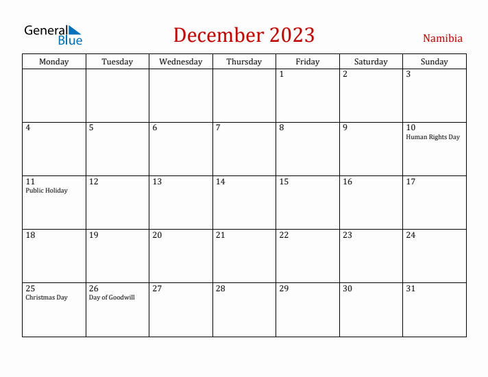 Namibia December 2023 Calendar - Monday Start