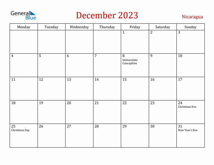 Nicaragua December 2023 Calendar - Monday Start