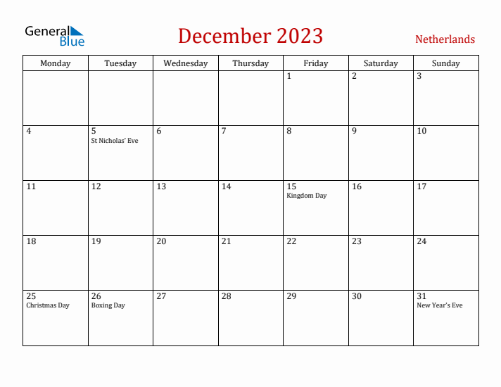 The Netherlands December 2023 Calendar - Monday Start