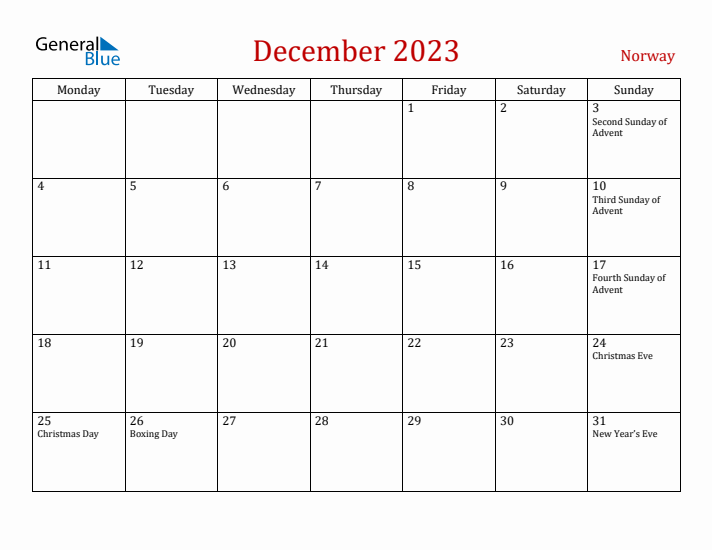 Norway December 2023 Calendar - Monday Start