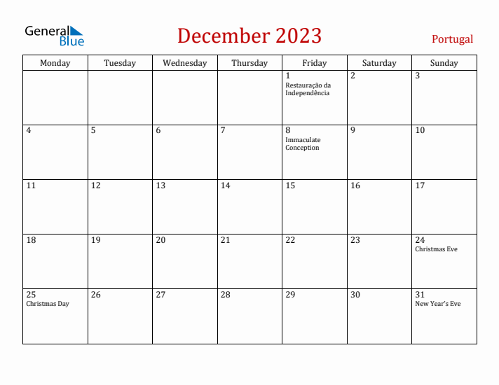 Portugal December 2023 Calendar - Monday Start