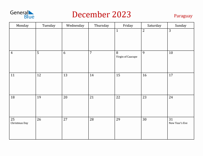 Paraguay December 2023 Calendar - Monday Start
