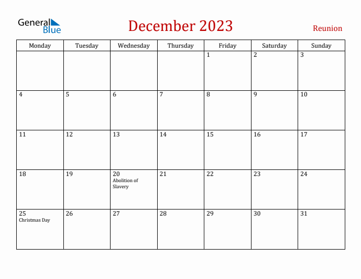 Reunion December 2023 Calendar - Monday Start
