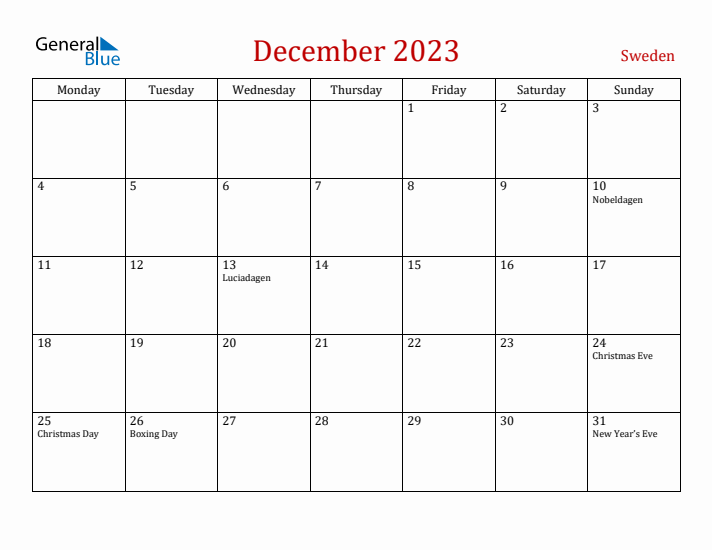 Sweden December 2023 Calendar - Monday Start