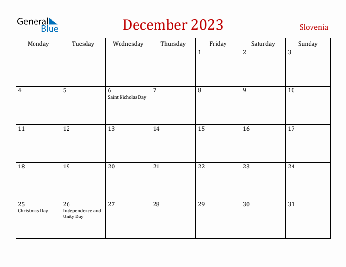 Slovenia December 2023 Calendar - Monday Start