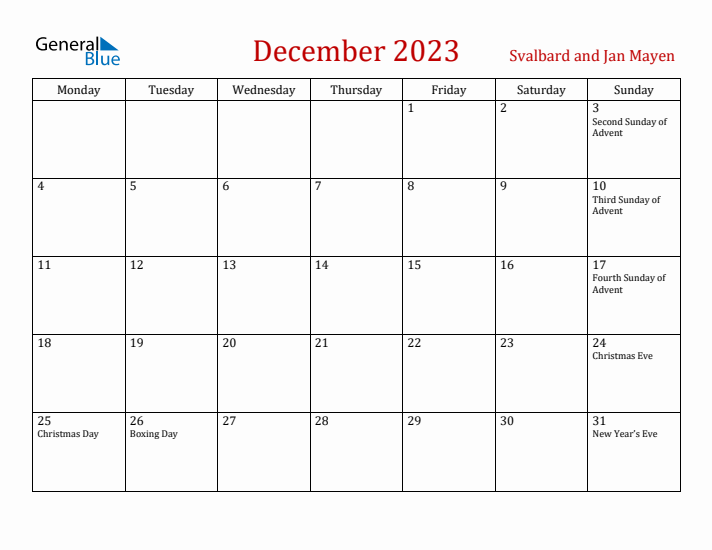 Svalbard and Jan Mayen December 2023 Calendar - Monday Start