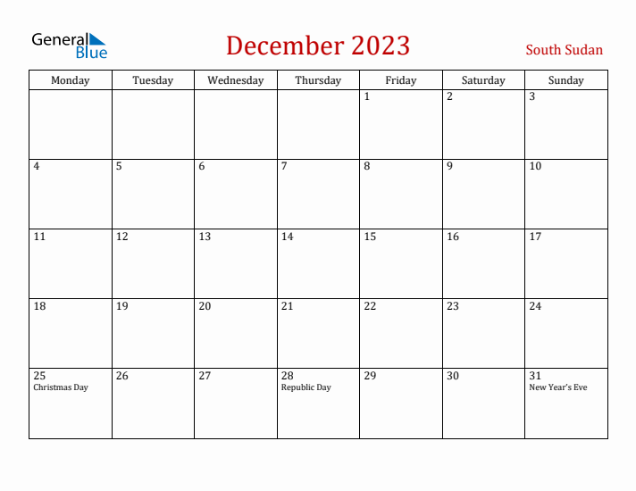South Sudan December 2023 Calendar - Monday Start