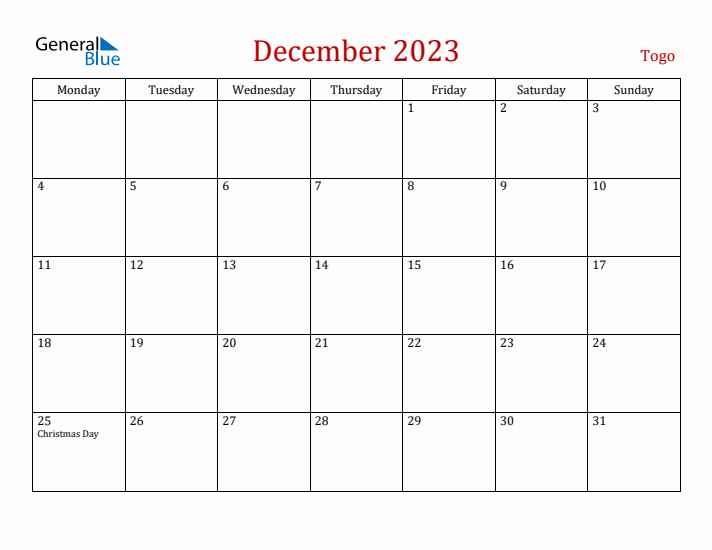 Togo December 2023 Calendar - Monday Start