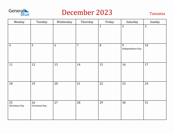 Tanzania December 2023 Calendar - Monday Start