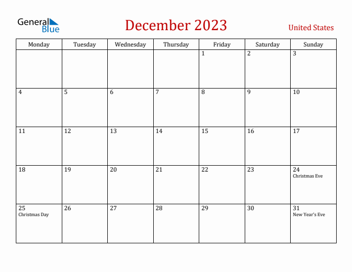 United States December 2023 Calendar - Monday Start