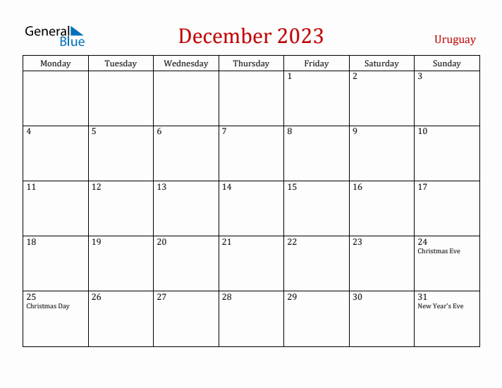 Uruguay December 2023 Calendar - Monday Start