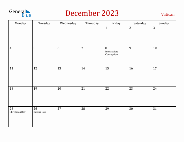 Vatican December 2023 Calendar - Monday Start