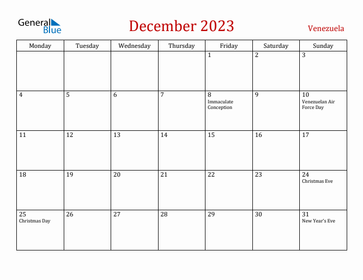 Venezuela December 2023 Calendar - Monday Start