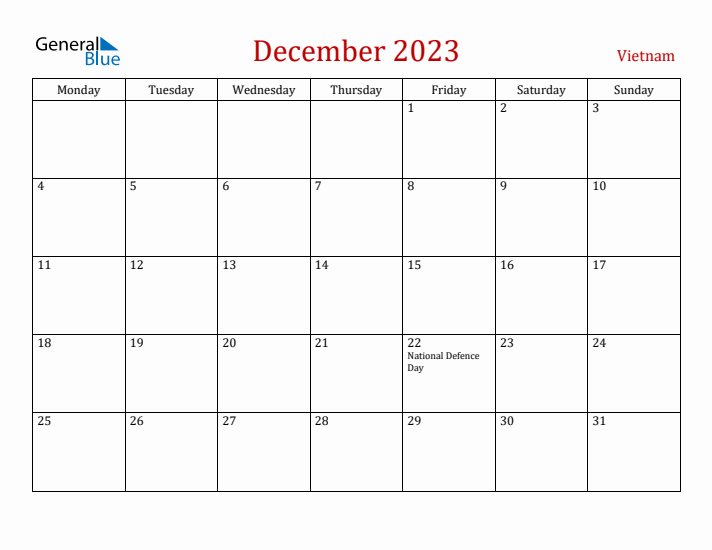 Vietnam December 2023 Calendar - Monday Start