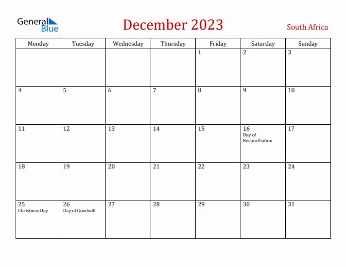 South Africa December 2023 Calendar - Monday Start