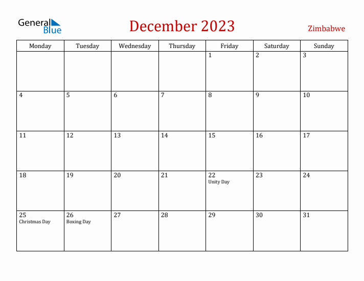 Zimbabwe December 2023 Calendar - Monday Start