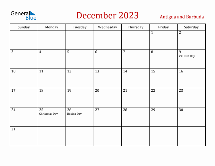 Antigua and Barbuda December 2023 Calendar - Sunday Start