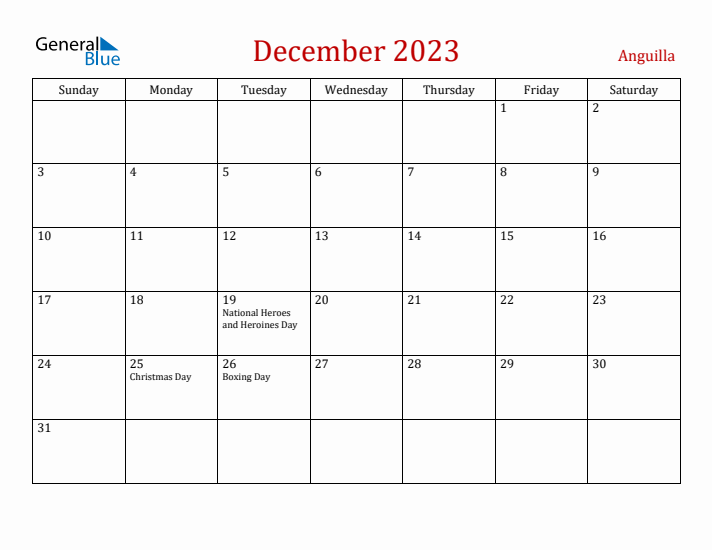 Anguilla December 2023 Calendar - Sunday Start